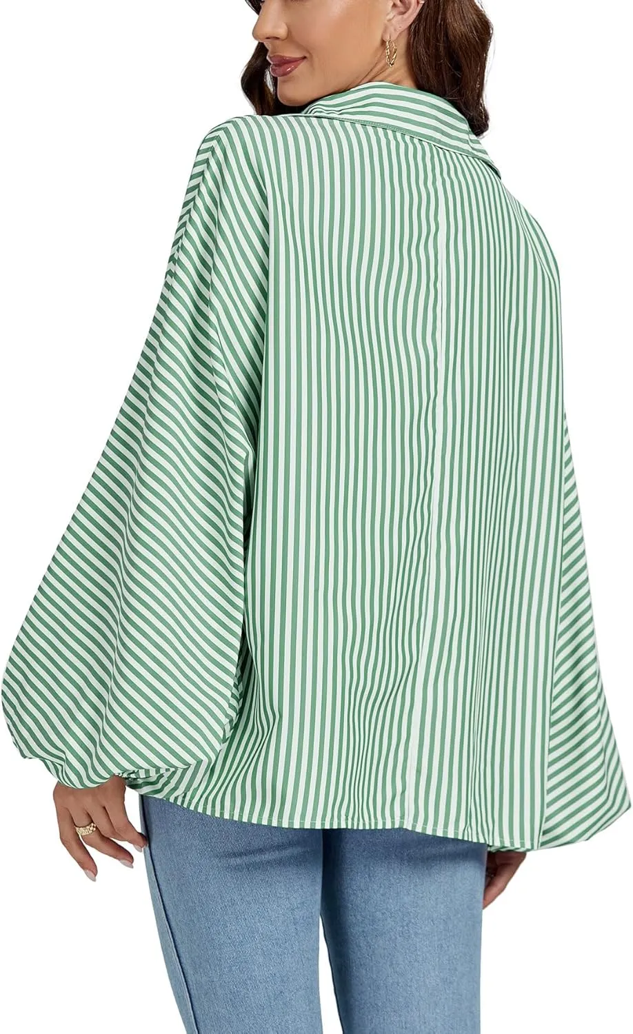 OPOIPIN Women's Striped Print Bishop Long Sleeve Collar V Neck Button Down Blouse Shirt Top