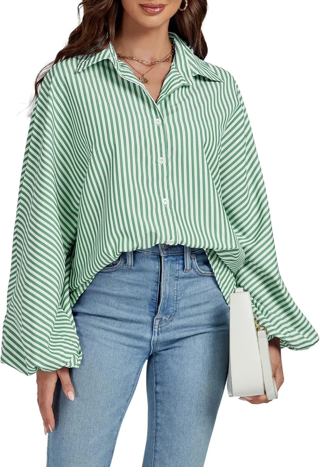 OPOIPIN Women's Striped Print Bishop Long Sleeve Collar V Neck Button Down Blouse Shirt Top