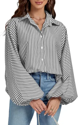 OPOIPIN Women's Striped Print Bishop Long Sleeve Collar V Neck Button Down Blouse Shirt Top