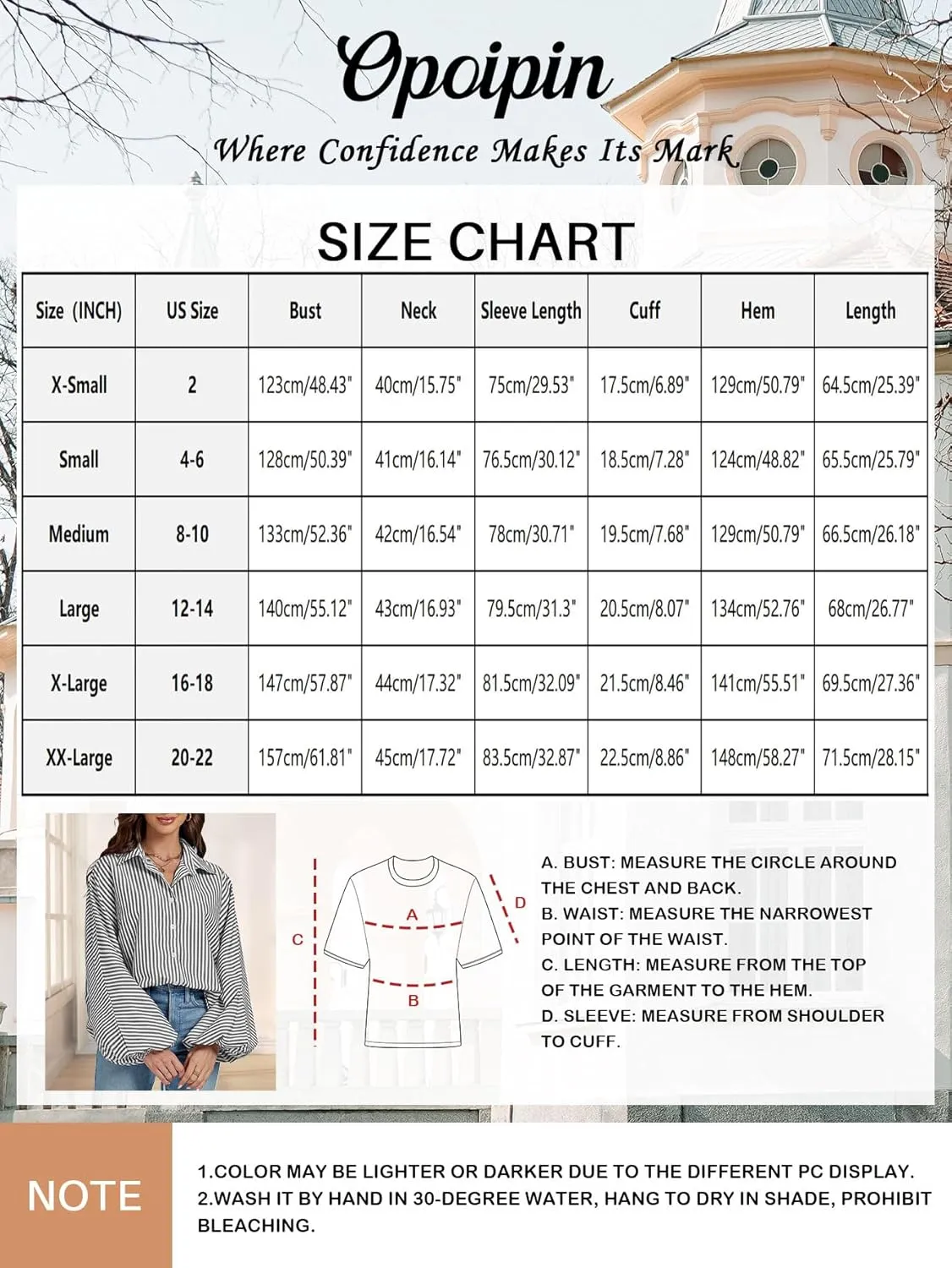 OPOIPIN Women's Striped Print Bishop Long Sleeve Collar V Neck Button Down Blouse Shirt Top