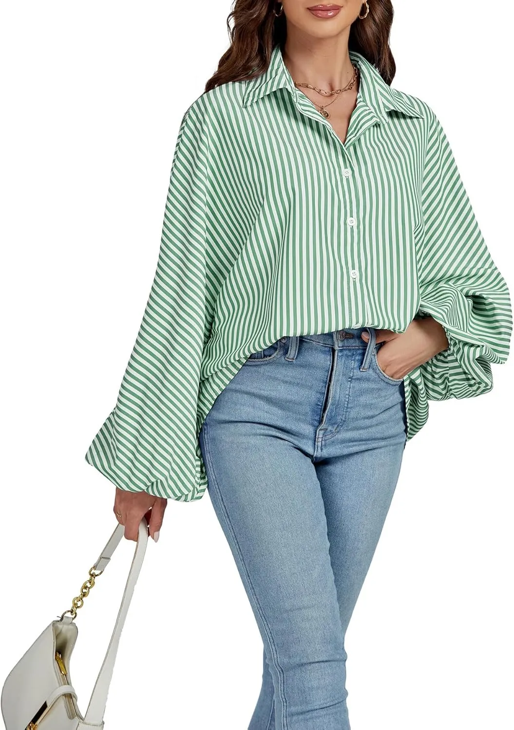 OPOIPIN Women's Striped Print Bishop Long Sleeve Collar V Neck Button Down Blouse Shirt Top