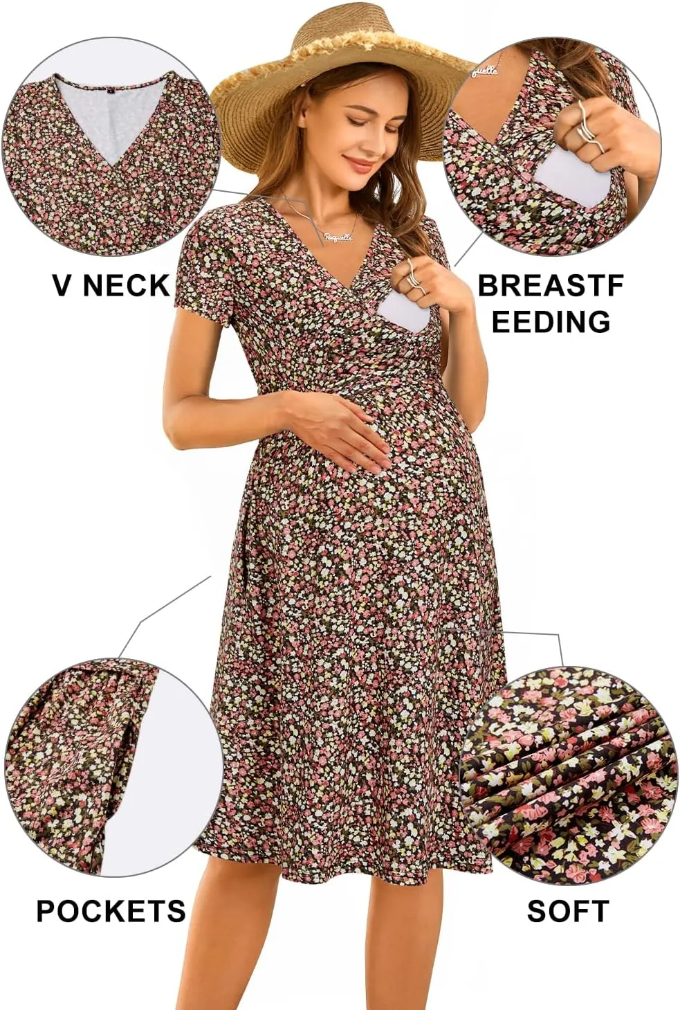 OUGES Women's 2025 Fashion V Neck Midi Dress with Pockets Maternity Clothes Nursing Dresses