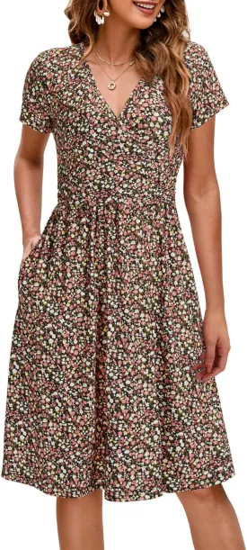 OUGES Women's 2025 Fashion V Neck Midi Dress with Pockets Maternity Clothes Nursing Dresses