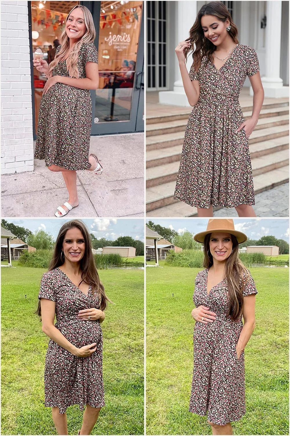OUGES Women's 2025 Fashion V Neck Midi Dress with Pockets Maternity Clothes Nursing Dresses