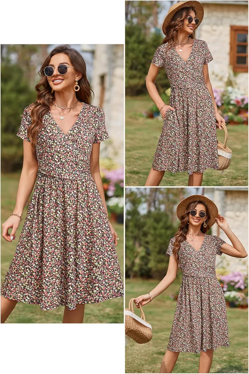 OUGES Women's 2025 Fashion V Neck Midi Dress with Pockets Maternity Clothes Nursing Dresses