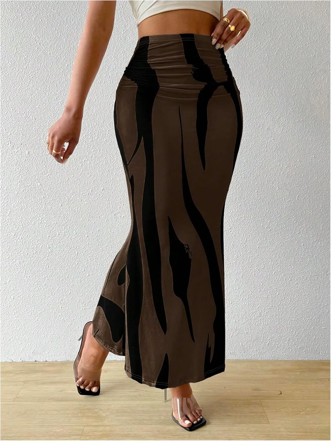 OYOANGLE Women's Graphic Printed Ruch Maxi Skirt High Waist Stretchy Bodycon Skirts