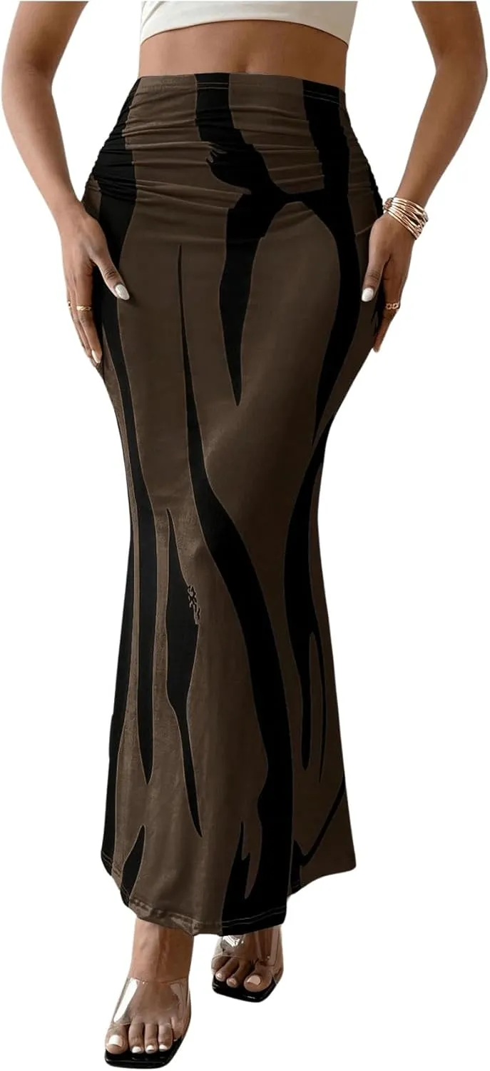 OYOANGLE Women's Graphic Printed Ruch Maxi Skirt High Waist Stretchy Bodycon Skirts