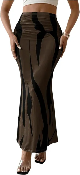 OYOANGLE Women's Graphic Printed Ruch Maxi Skirt High Waist Stretchy Bodycon Skirts