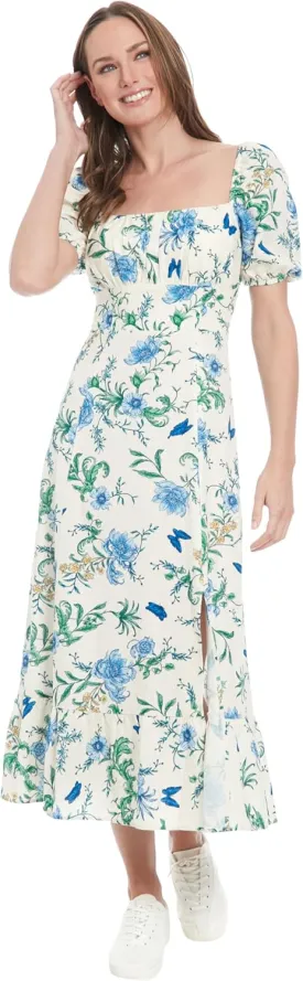 Petite Women's Linen Rayon Square Neck Puff Sleeve Empire Waist Midi Length Side Slit Summer Floral Dress, Cream/Denim Blue