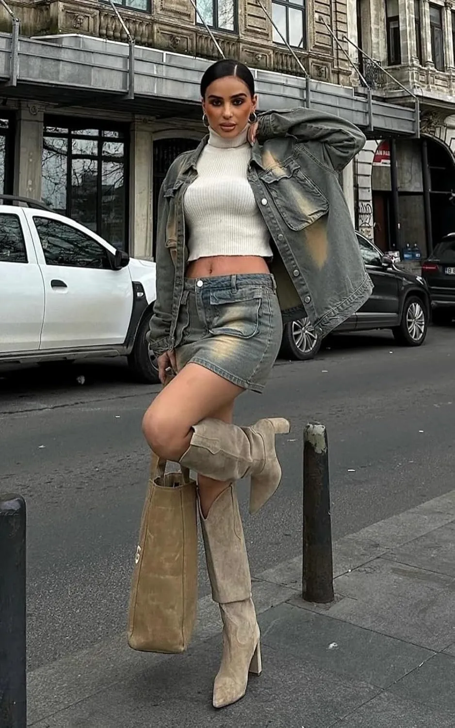 PIRAL Cargo Mini Denim Skirt  Zip-Up Closure, Tight Fit, Mini Length Blue Denim for Casual & Night Out