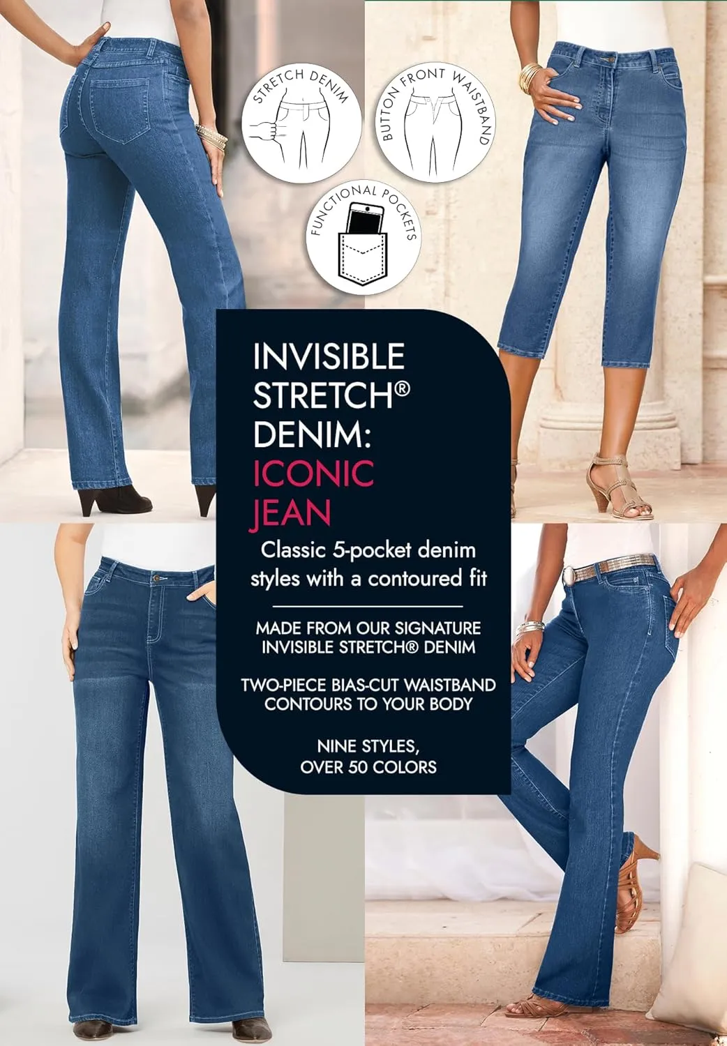 Roaman's Women's Plus Size Invisible Stretch Iconic Wide-Leg Jean