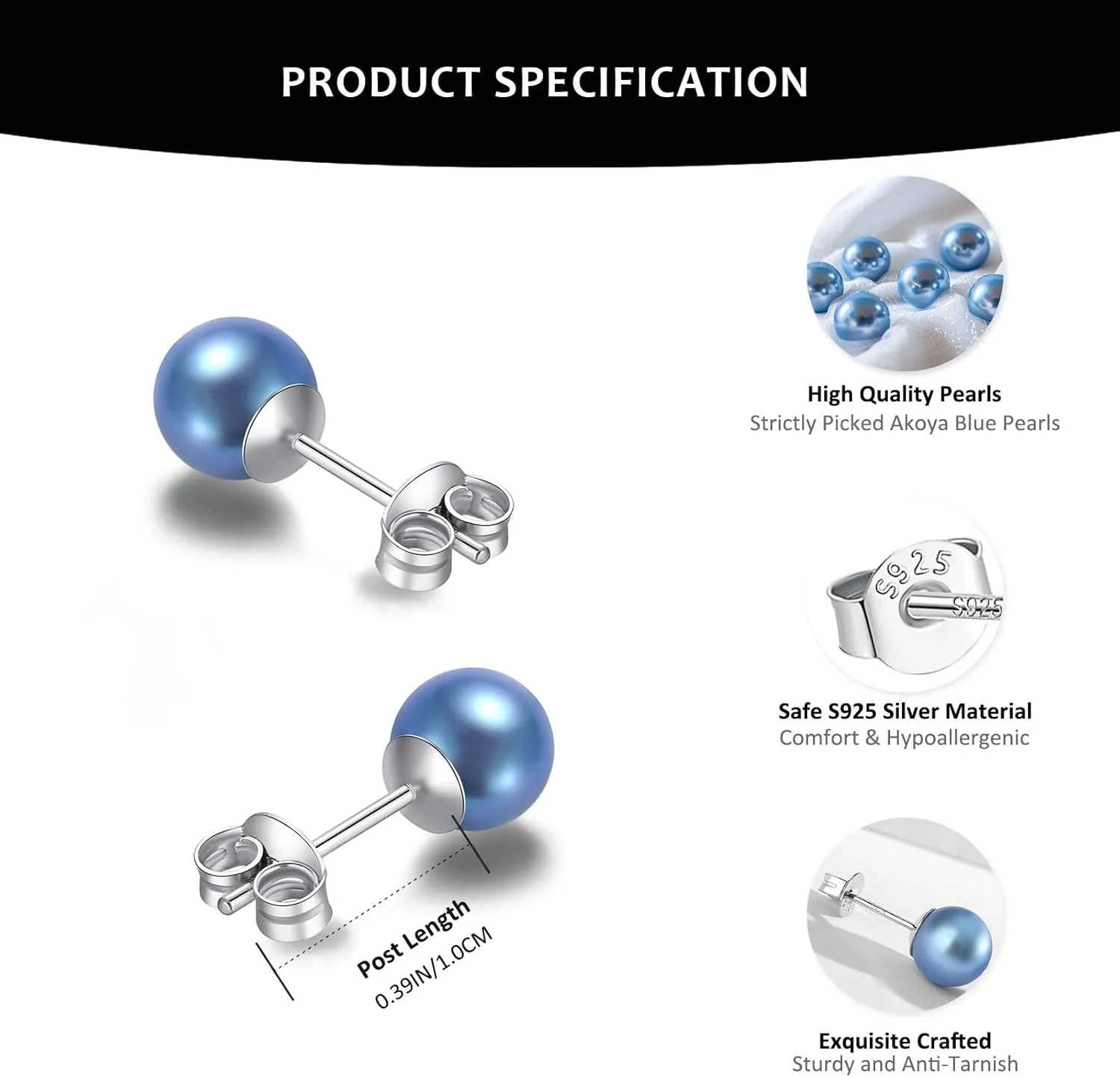 Round Akoya Pearl Stud Earrings in Cultured Blue/Golden/Grey Pearls with 925 Sterling Silver, Hypoallergenic - Luxurious Jewelry Gift for Women on Anniversary, Birthday, Mother's Day