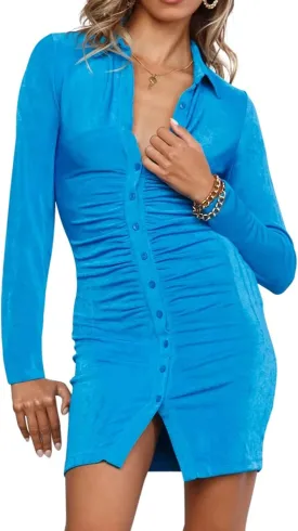 R.Vivimos Women's Fall Long Sleeves Casual Velvet Ruched Button Down Shirts Mini Dress
