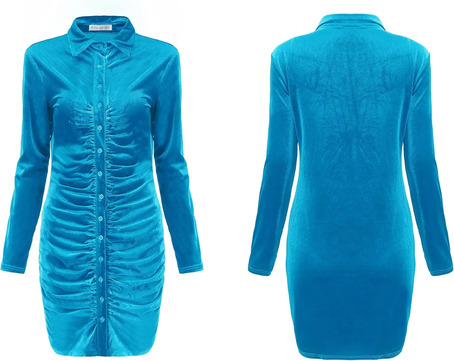 R.Vivimos Women's Fall Long Sleeves Casual Velvet Ruched Button Down Shirts Mini Dress