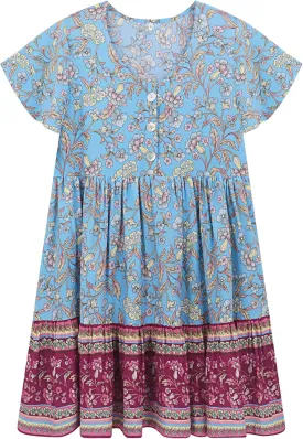 R.Vivimos Women's Short Sleeve Floral Print V Neck Cotton Tunic Dress