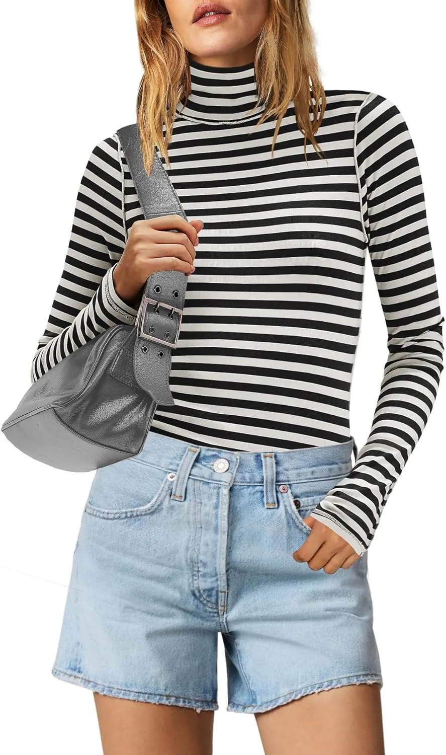 SENSERISE Womens Striped Shirts Long Sleeve Turtleneck Ribbed T Shirt Slim Fitted Lightweight Layer Tops