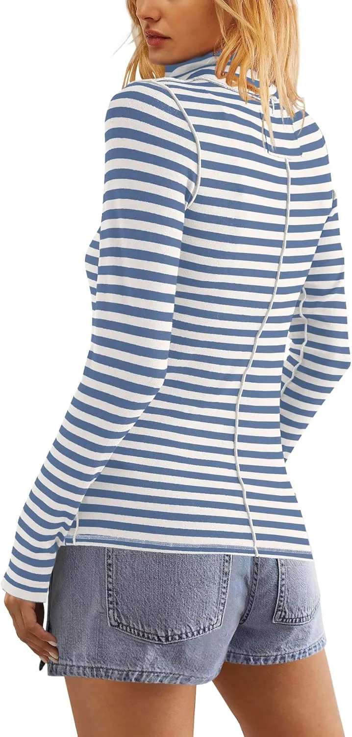 SENSERISE Womens Striped Shirts Long Sleeve Turtleneck Ribbed T Shirt Slim Fitted Lightweight Layer Tops
