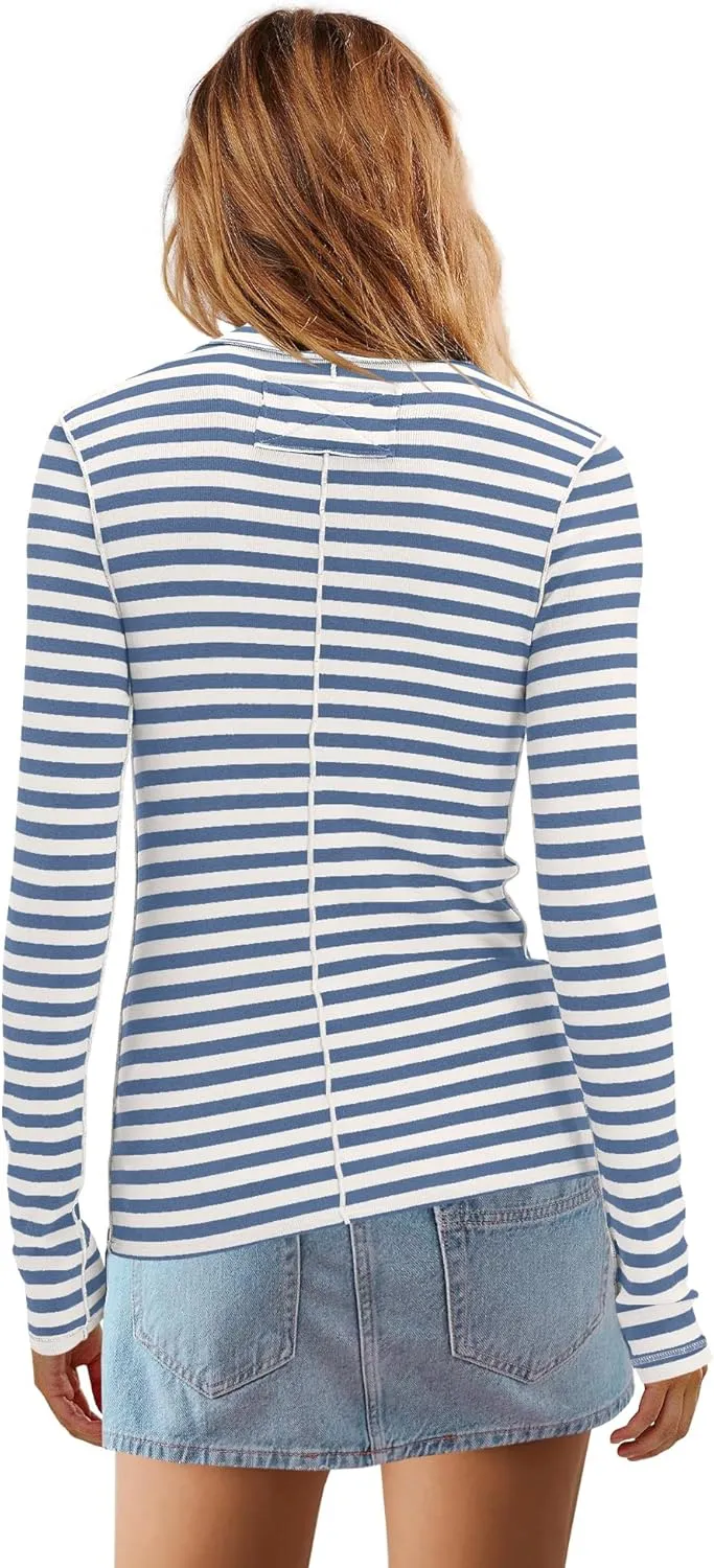 SENSERISE Womens Striped Shirts Long Sleeve Turtleneck Ribbed T Shirt Slim Fitted Lightweight Layer Tops
