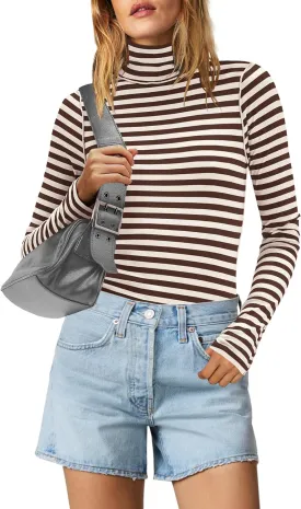 SENSERISE Womens Striped Shirts Long Sleeve Turtleneck Ribbed T Shirt Slim Fitted Lightweight Layer Tops