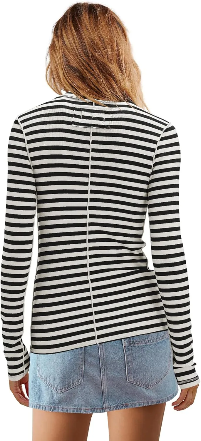 SENSERISE Womens Striped Shirts Long Sleeve Turtleneck Ribbed T Shirt Slim Fitted Lightweight Layer Tops