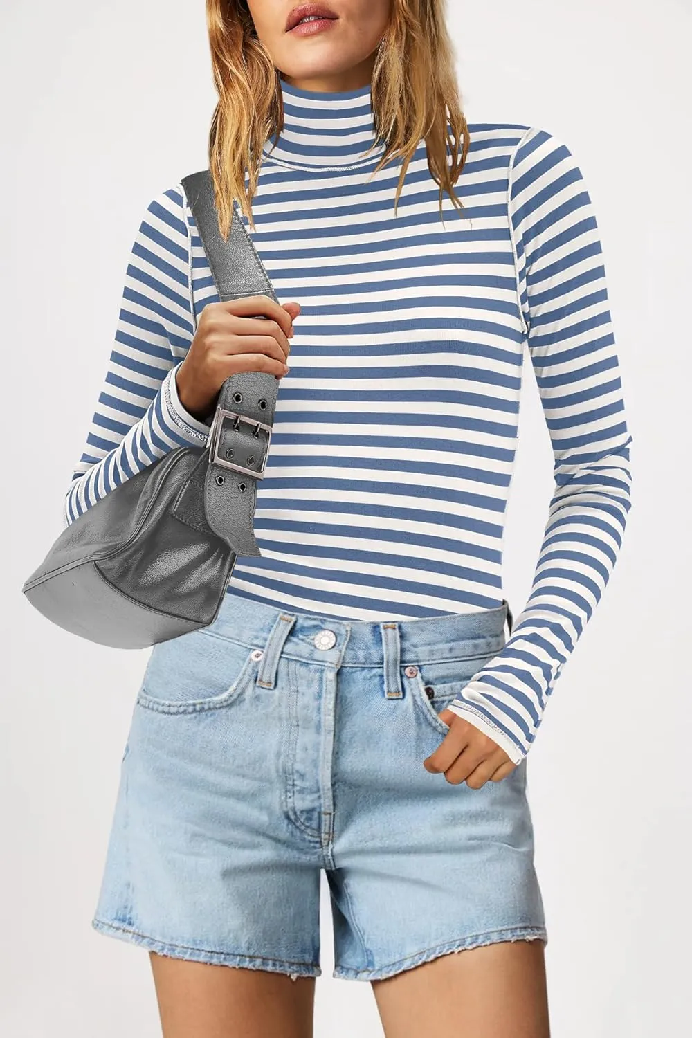 SENSERISE Womens Striped Shirts Long Sleeve Turtleneck Ribbed T Shirt Slim Fitted Lightweight Layer Tops