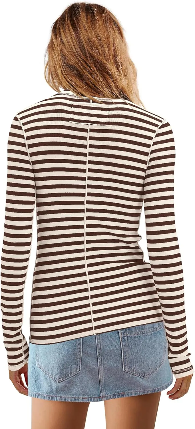 SENSERISE Womens Striped Shirts Long Sleeve Turtleneck Ribbed T Shirt Slim Fitted Lightweight Layer Tops