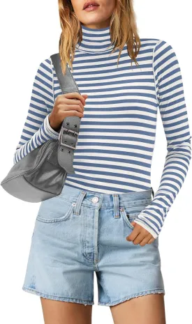 SENSERISE Womens Striped Shirts Long Sleeve Turtleneck Ribbed T Shirt Slim Fitted Lightweight Layer Tops