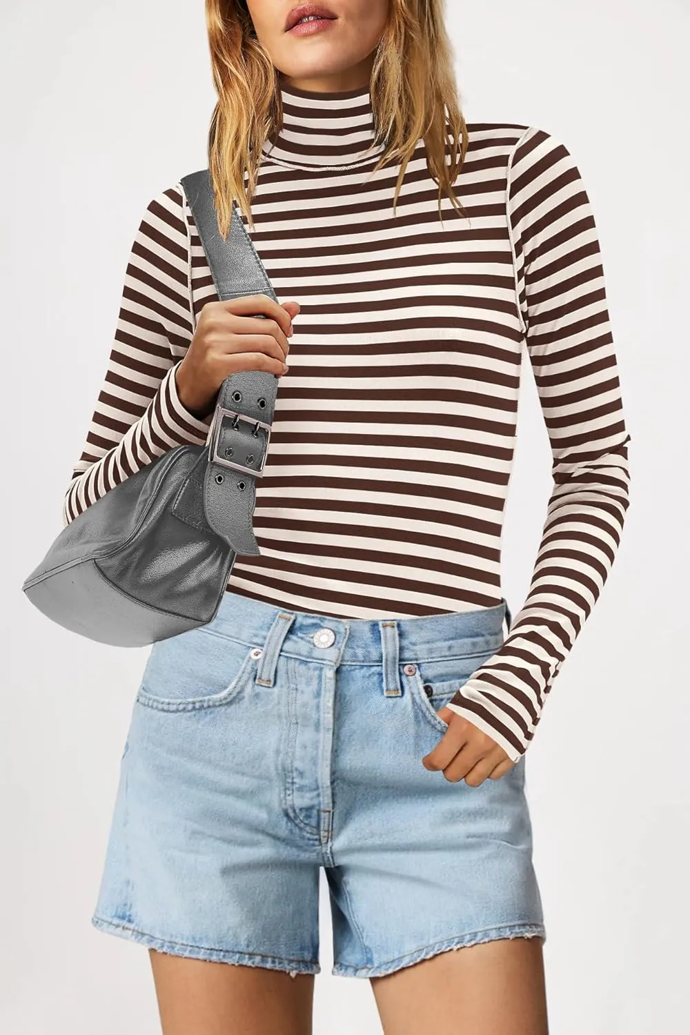SENSERISE Womens Striped Shirts Long Sleeve Turtleneck Ribbed T Shirt Slim Fitted Lightweight Layer Tops