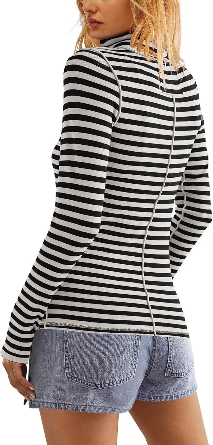 SENSERISE Womens Striped Shirts Long Sleeve Turtleneck Ribbed T Shirt Slim Fitted Lightweight Layer Tops
