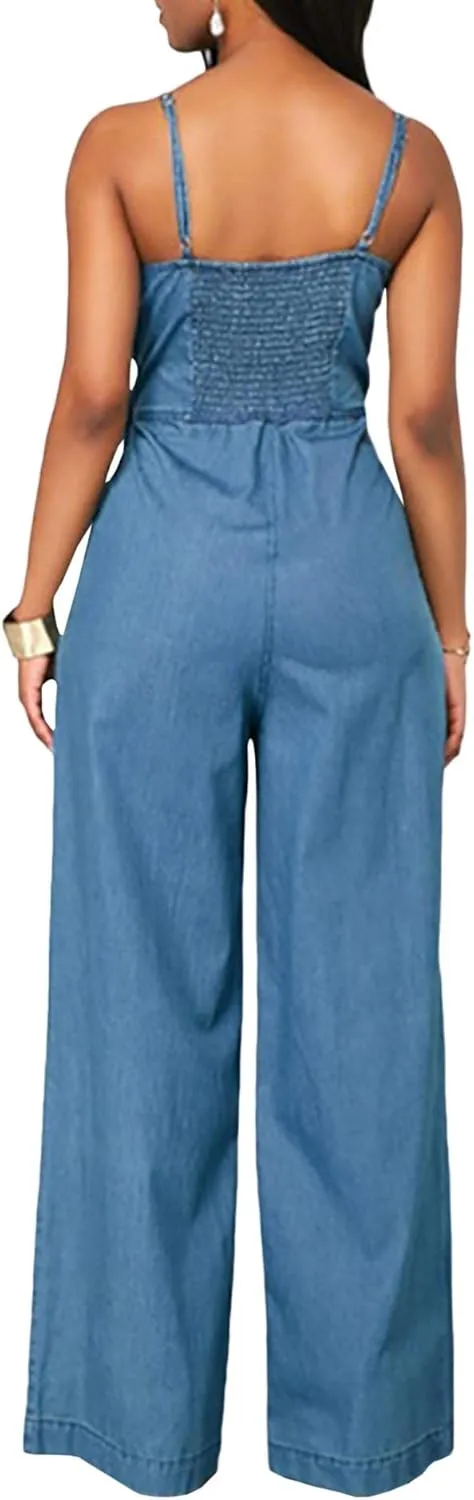 Sexyshine Women's Halter Lace Up Backless Casual Wide Leg Blue Denim Long Jumpsuit Playsuit Rompers With Belt