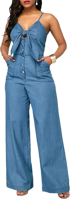 Sexyshine Women's Halter Lace Up Backless Casual Wide Leg Blue Denim Long Jumpsuit Playsuit Rompers With Belt