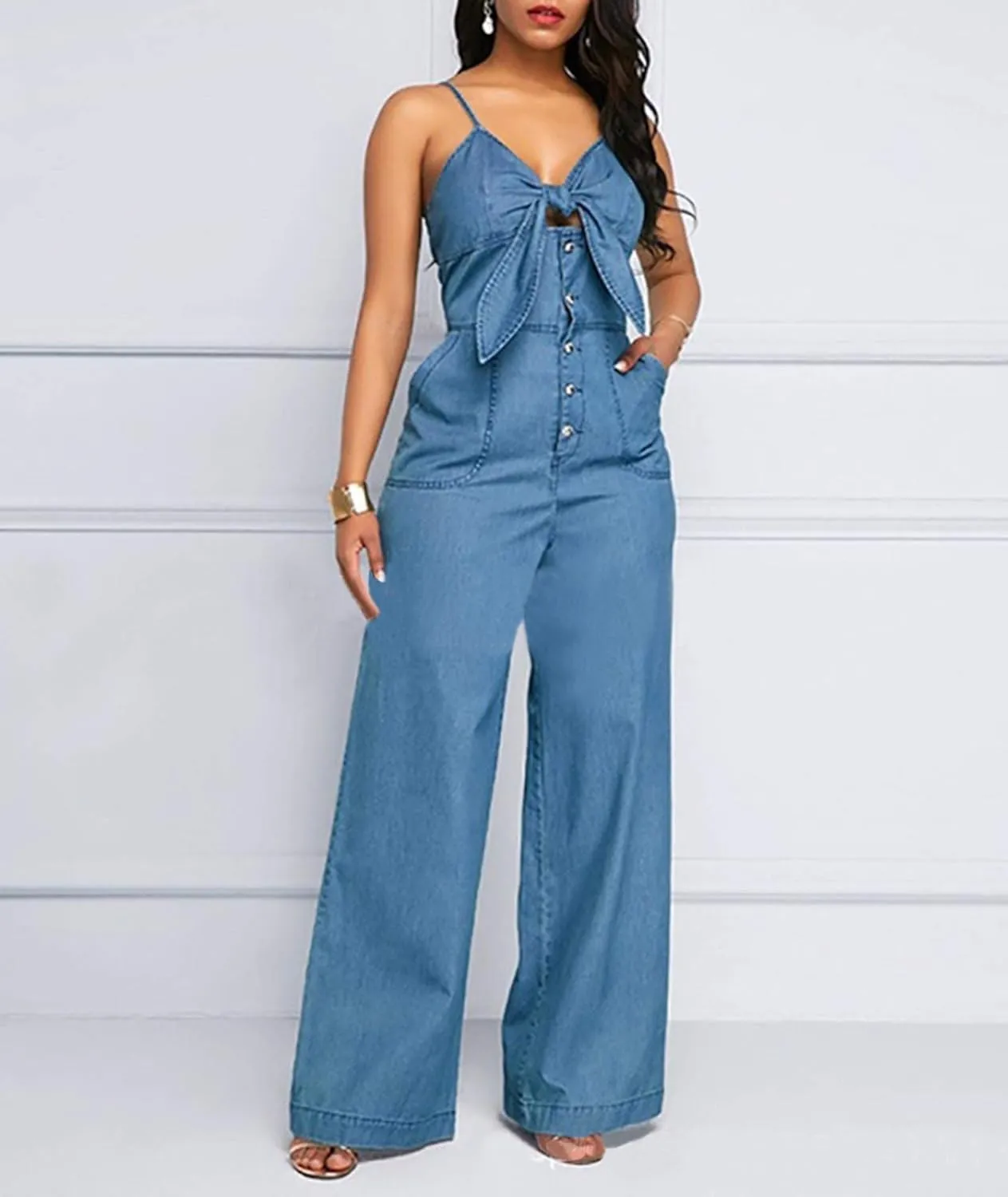 Sexyshine Women's Halter Lace Up Backless Casual Wide Leg Blue Denim Long Jumpsuit Playsuit Rompers With Belt