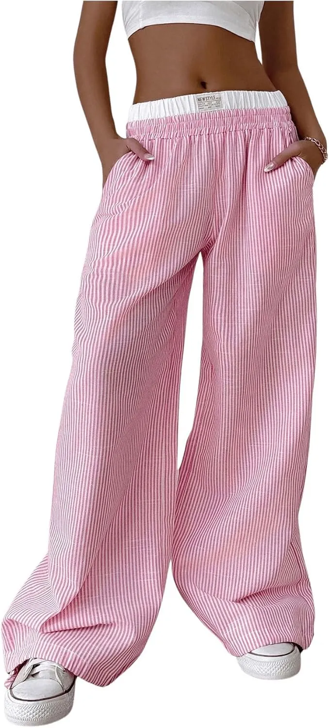 SHENHE Women's Color Block Striped Baggy Pants Wide Leg Loose Casual Y2k Long Pants