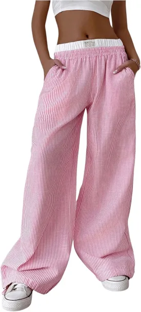 SHENHE Women's Color Block Striped Baggy Pants Wide Leg Loose Casual Y2k Long Pants