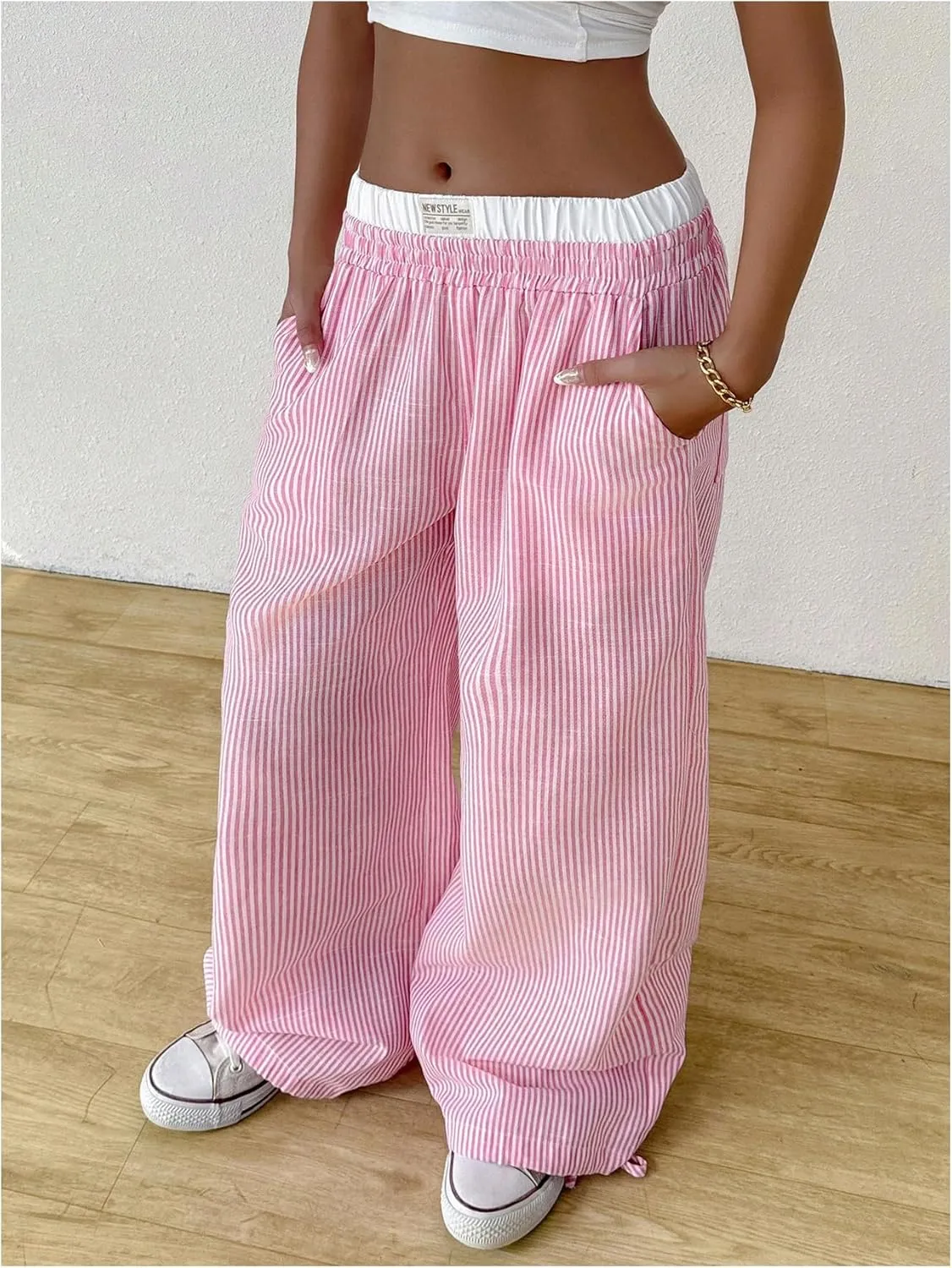 SHENHE Women's Color Block Striped Baggy Pants Wide Leg Loose Casual Y2k Long Pants