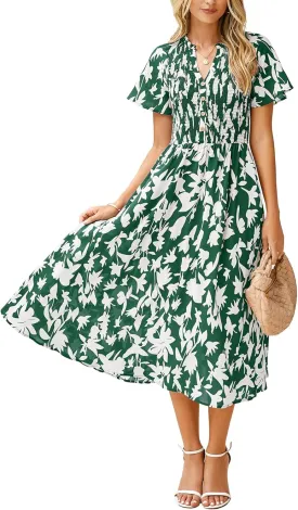 Simplee Floral Smocked Midi Dress V Neck Short Sleeve Empire Waist A Line Boho Beach Dress