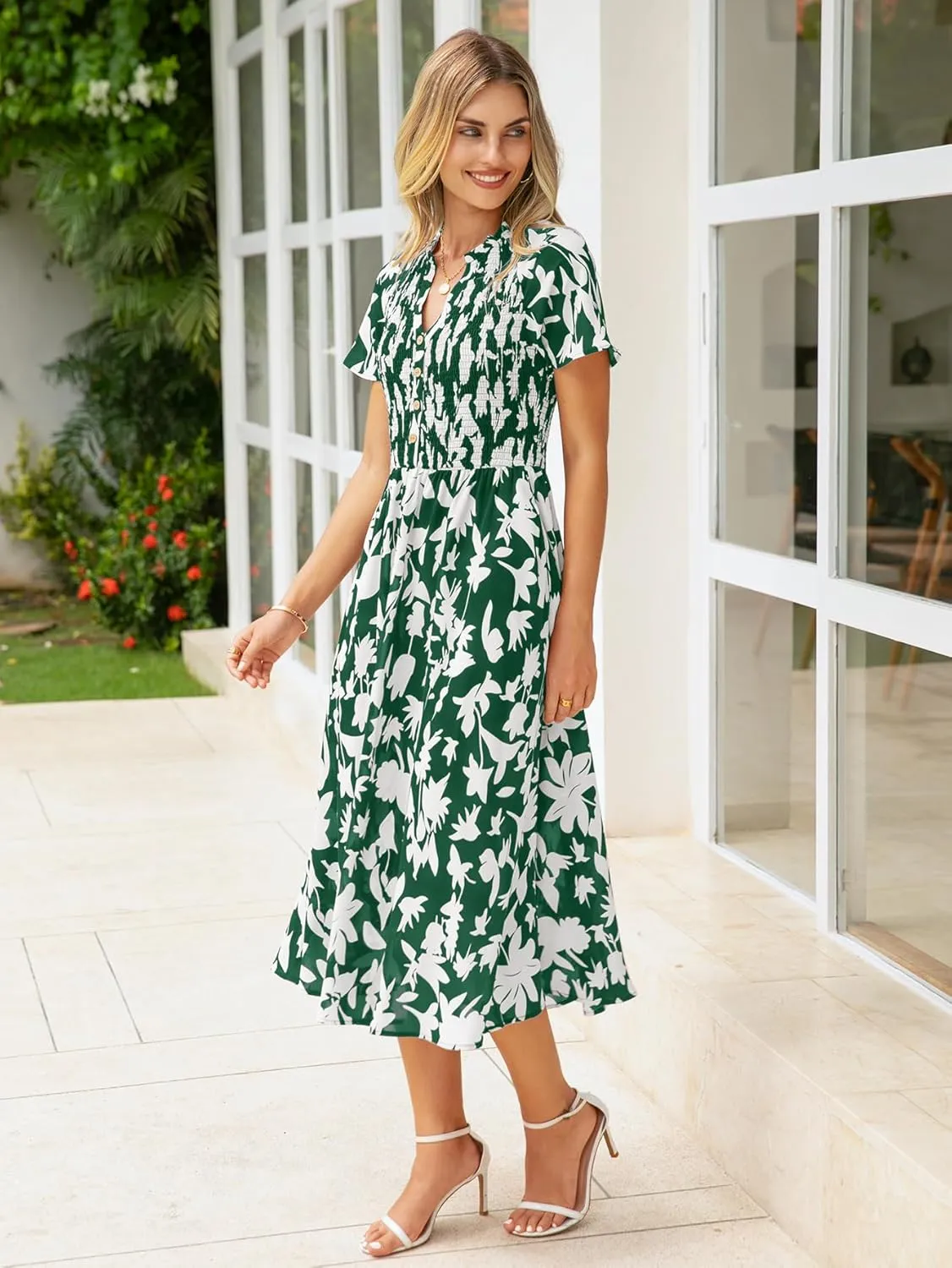 Simplee Floral Smocked Midi Dress V Neck Short Sleeve Empire Waist A Line Boho Beach Dress