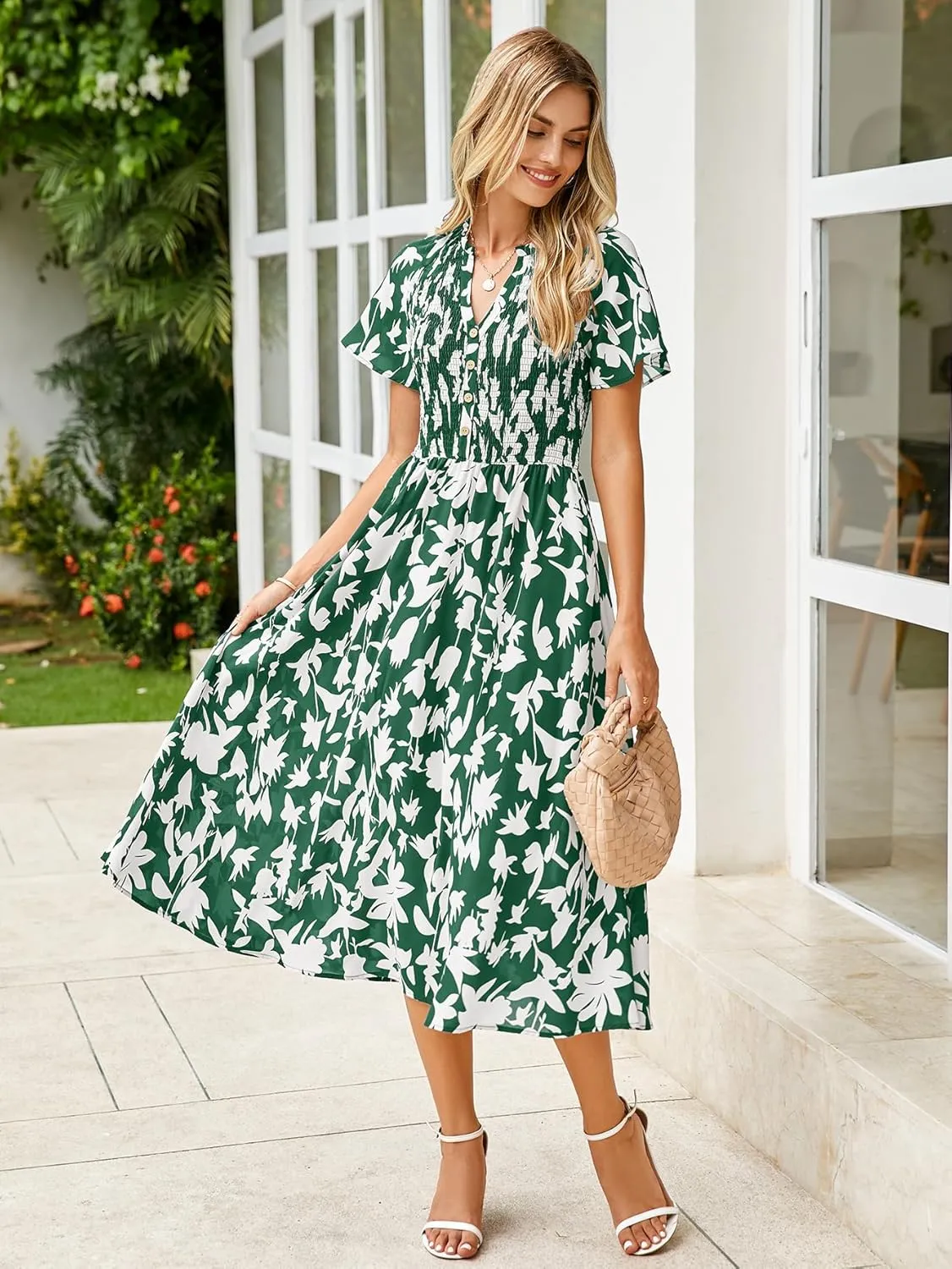Simplee Floral Smocked Midi Dress V Neck Short Sleeve Empire Waist A Line Boho Beach Dress
