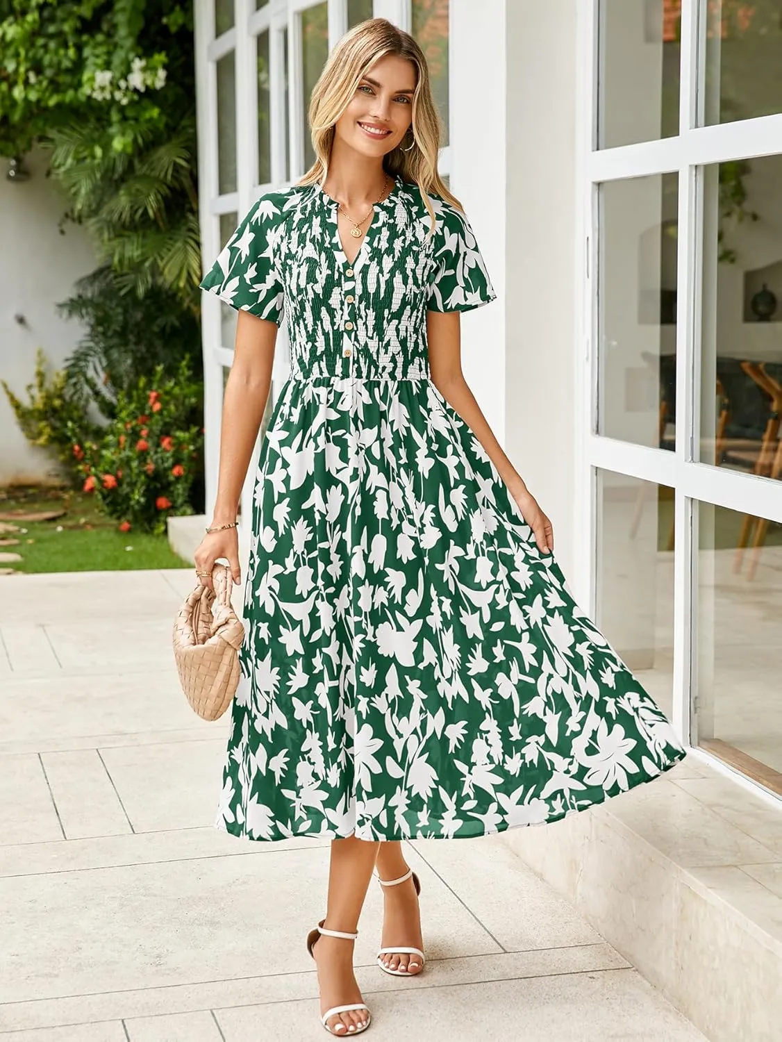 Simplee Floral Smocked Midi Dress V Neck Short Sleeve Empire Waist A Line Boho Beach Dress
