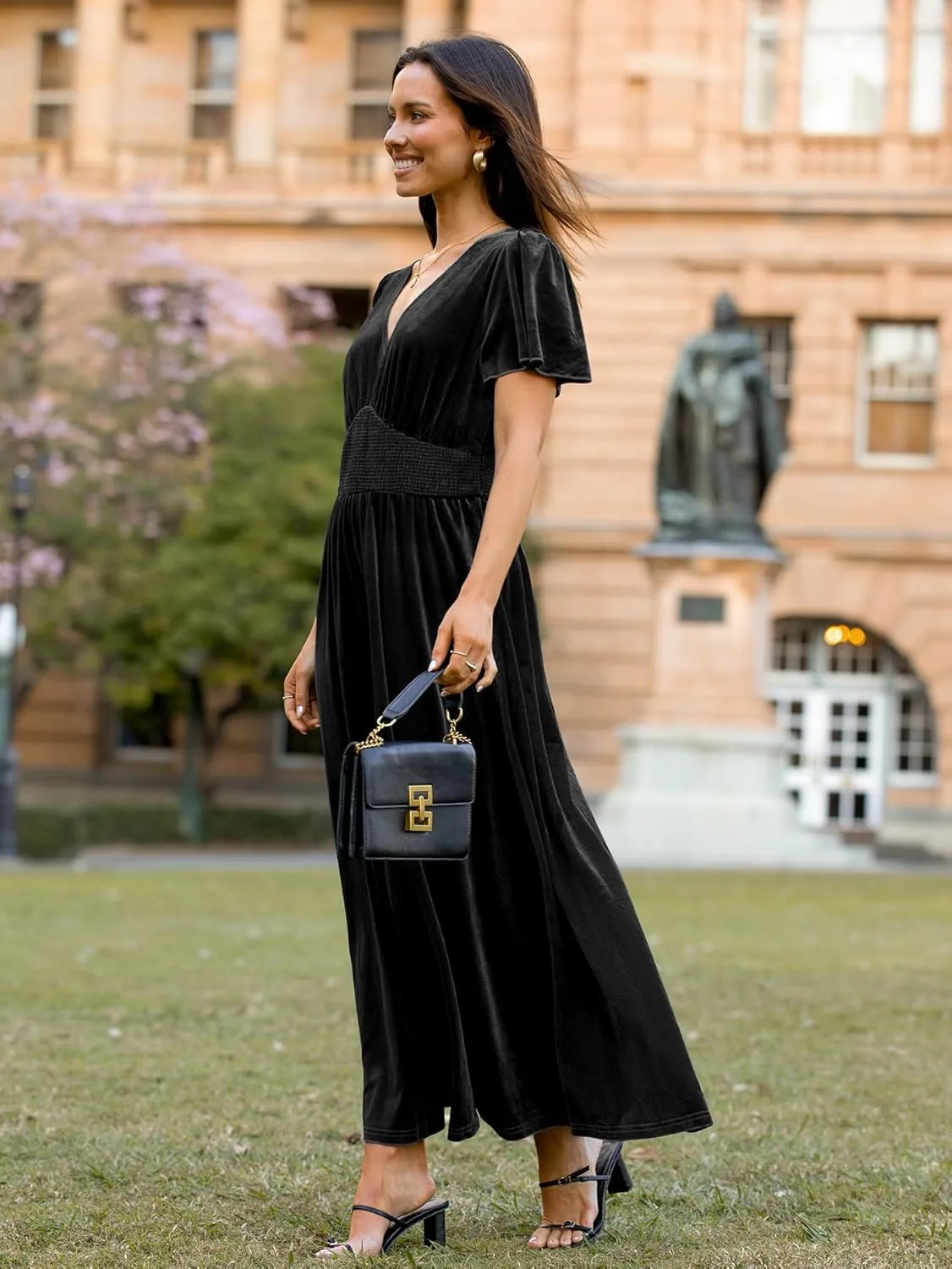 Simplee Women's Short Sleeve Velvet Maxi Dress V Neck Empire Waist Long Formal Wedding Guest Dresses