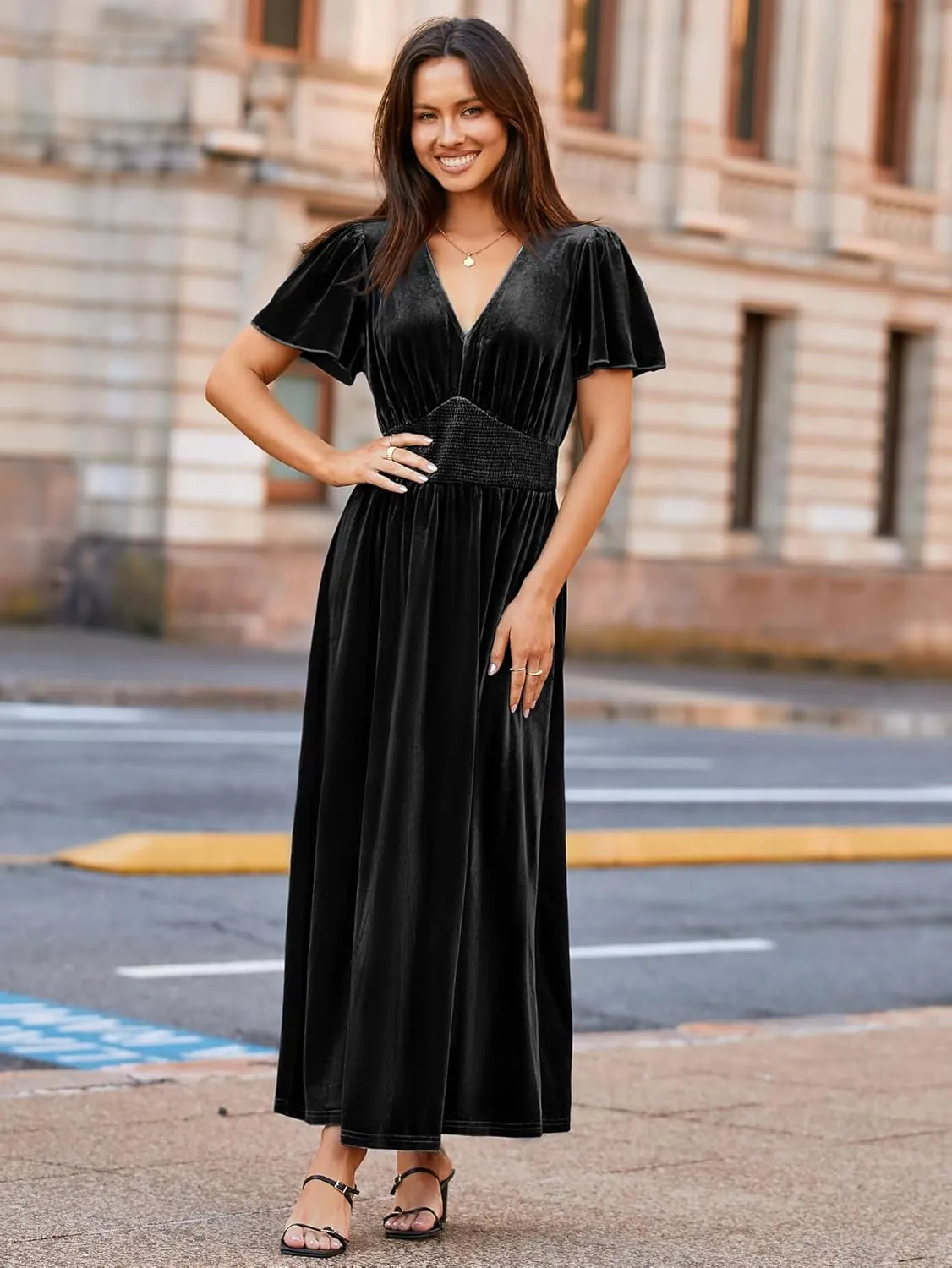 Simplee Women's Short Sleeve Velvet Maxi Dress V Neck Empire Waist Long Formal Wedding Guest Dresses