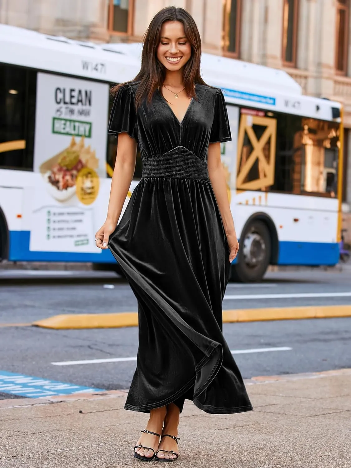 Simplee Women's Short Sleeve Velvet Maxi Dress V Neck Empire Waist Long Formal Wedding Guest Dresses