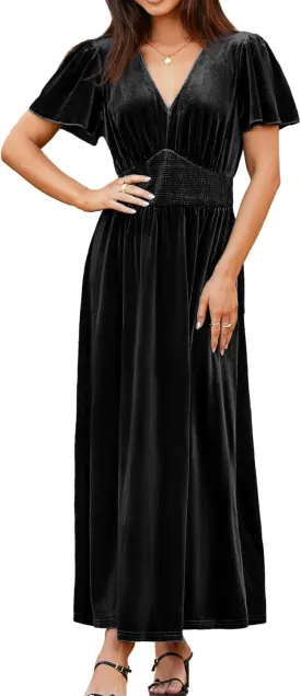 Simplee Women's Short Sleeve Velvet Maxi Dress V Neck Empire Waist Long Formal Wedding Guest Dresses