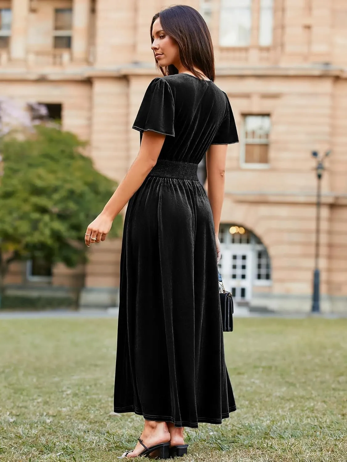 Simplee Women's Short Sleeve Velvet Maxi Dress V Neck Empire Waist Long Formal Wedding Guest Dresses