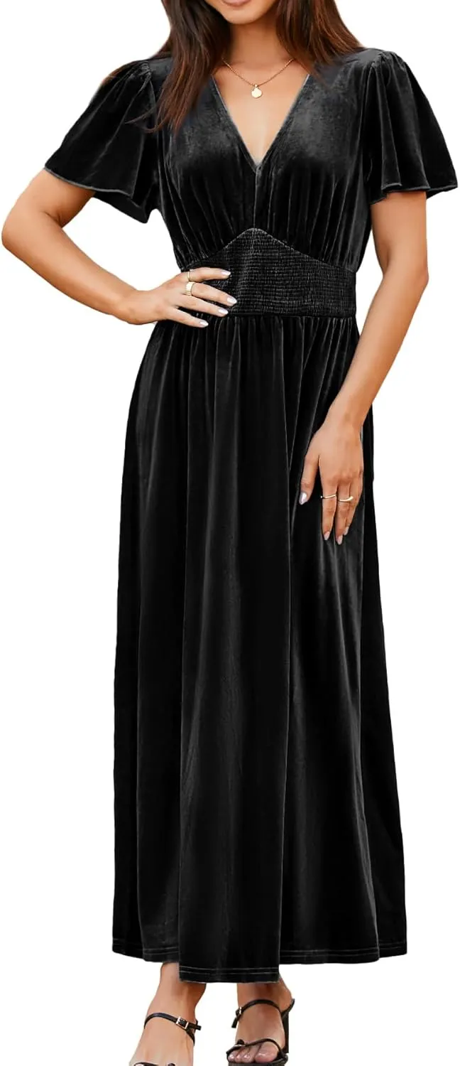 Simplee Women's Short Sleeve Velvet Maxi Dress V Neck Empire Waist Long Formal Wedding Guest Dresses
