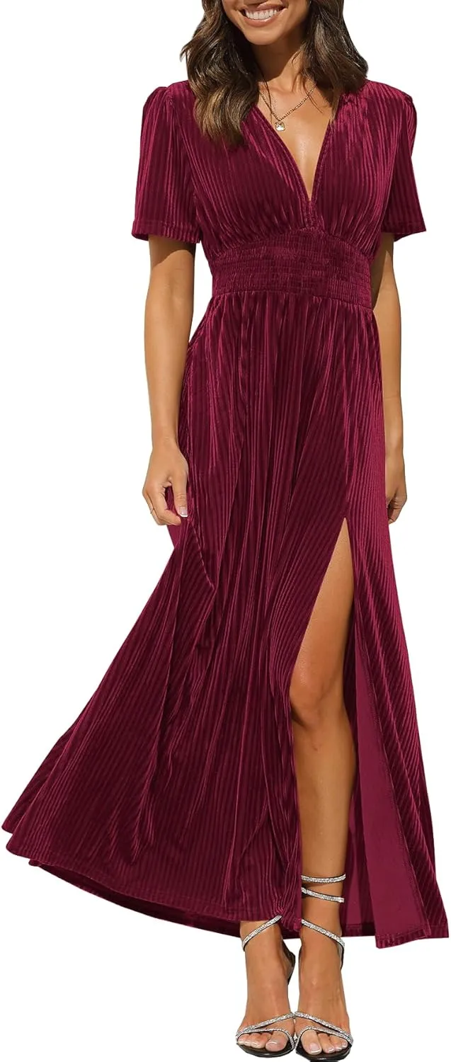 Sissyaki Women's Retro V-Neck Velvet Maxi Dress Wedding Guest Formal Party Long Dresses