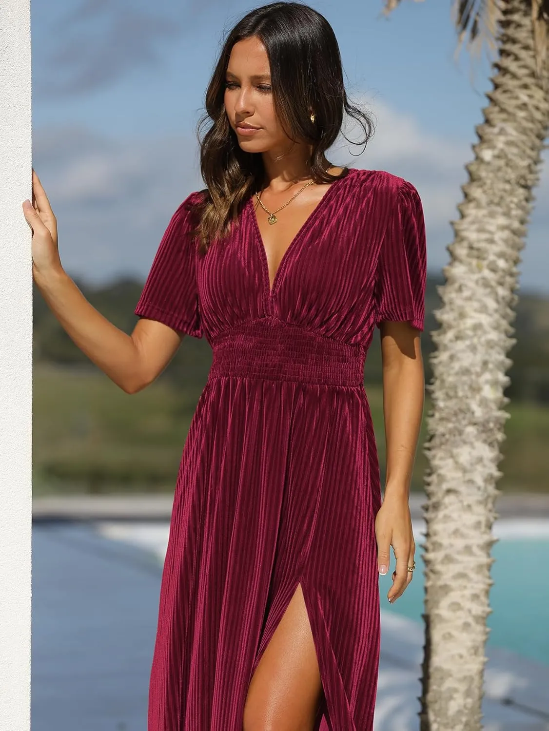 Sissyaki Women's Retro V-Neck Velvet Maxi Dress Wedding Guest Formal Party Long Dresses