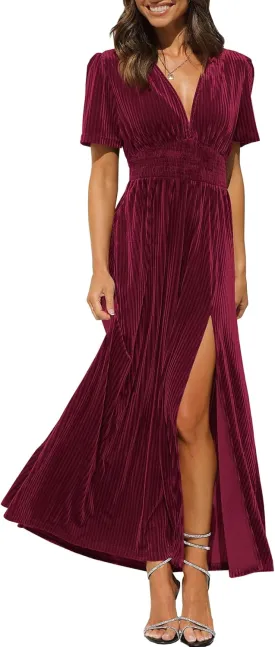 Sissyaki Women's Retro V-Neck Velvet Maxi Dress Wedding Guest Formal Party Long Dresses