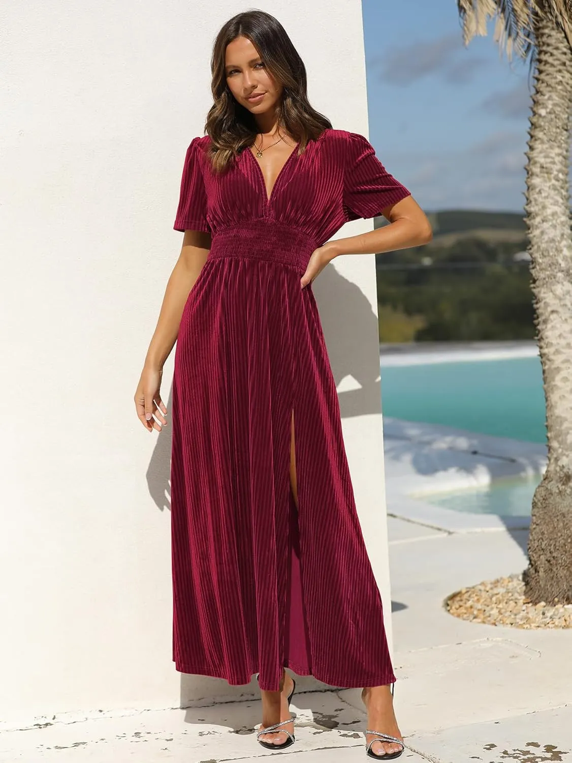 Sissyaki Women's Retro V-Neck Velvet Maxi Dress Wedding Guest Formal Party Long Dresses