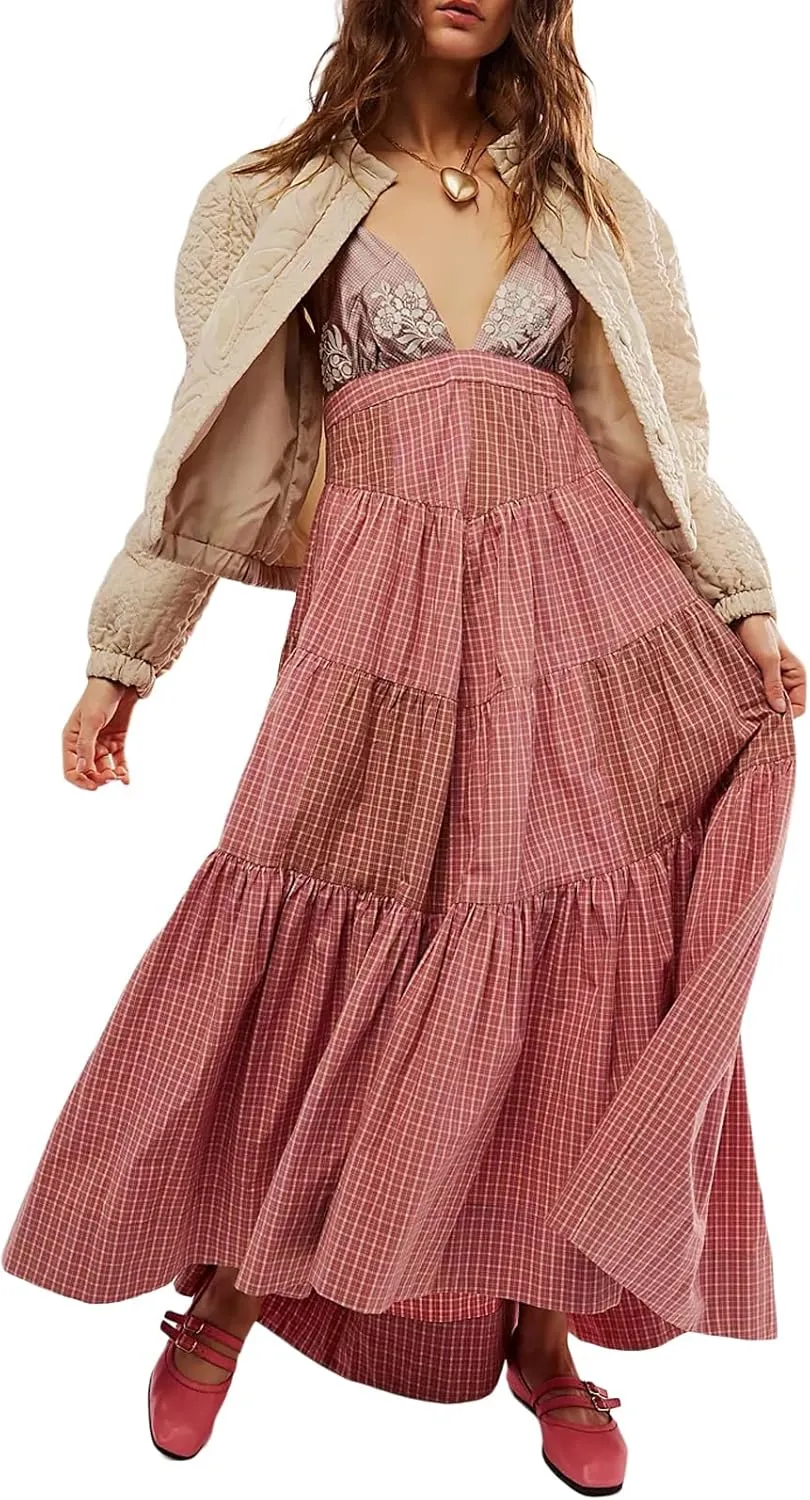 SOLILOQUY Women Boho Striped Midi Dress Spaghetti Strap Scoop Neck Smock Bodice Tiered A-Line Flowy Sundress Summer Vacation